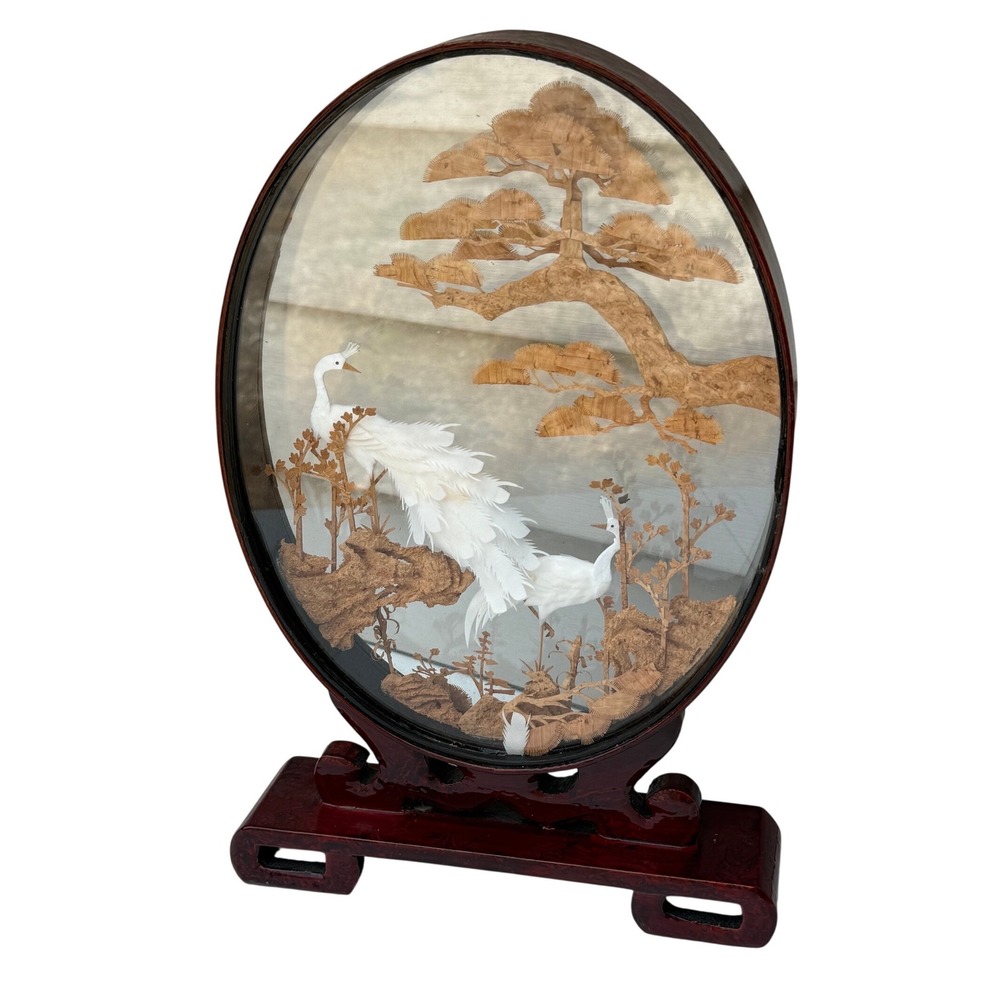Vintage Chinese Cork Carving Diorama Oval Glass Wood Base Peacock Pine Tree 15in